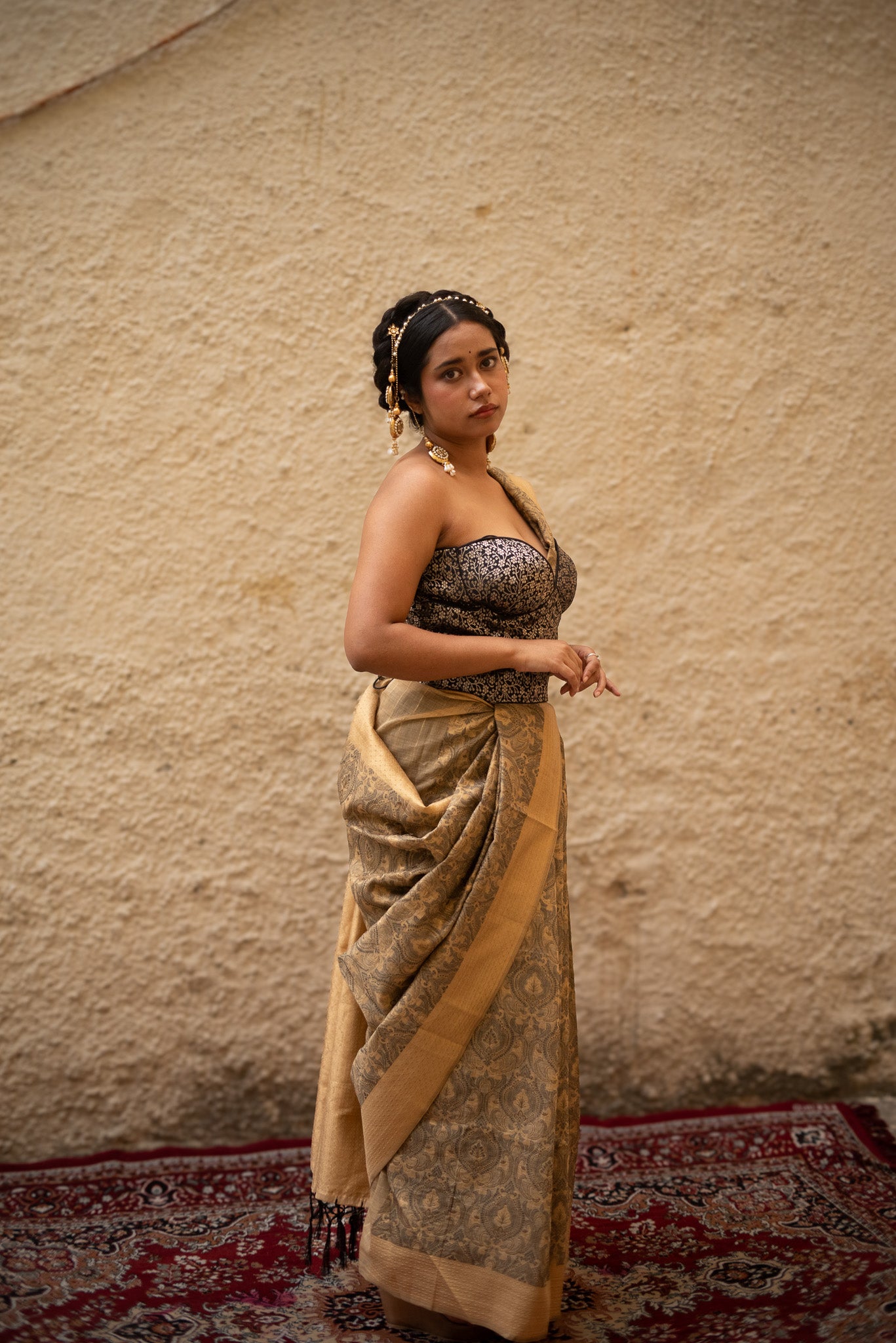 Black Cotton Banarsi Saree with zari border | Black & Gold