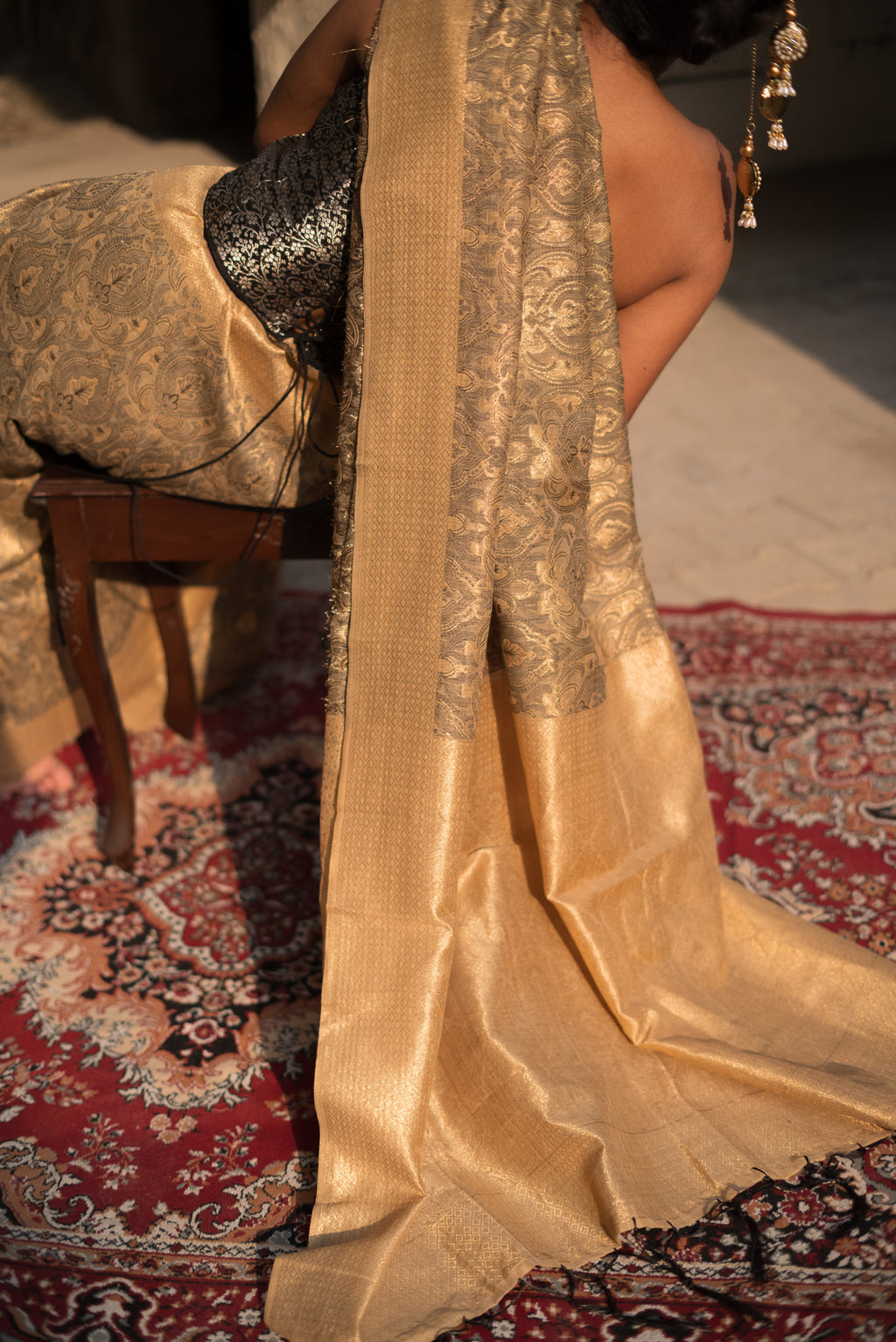 Black Cotton Banarsi Saree with zari border | Black & Gold