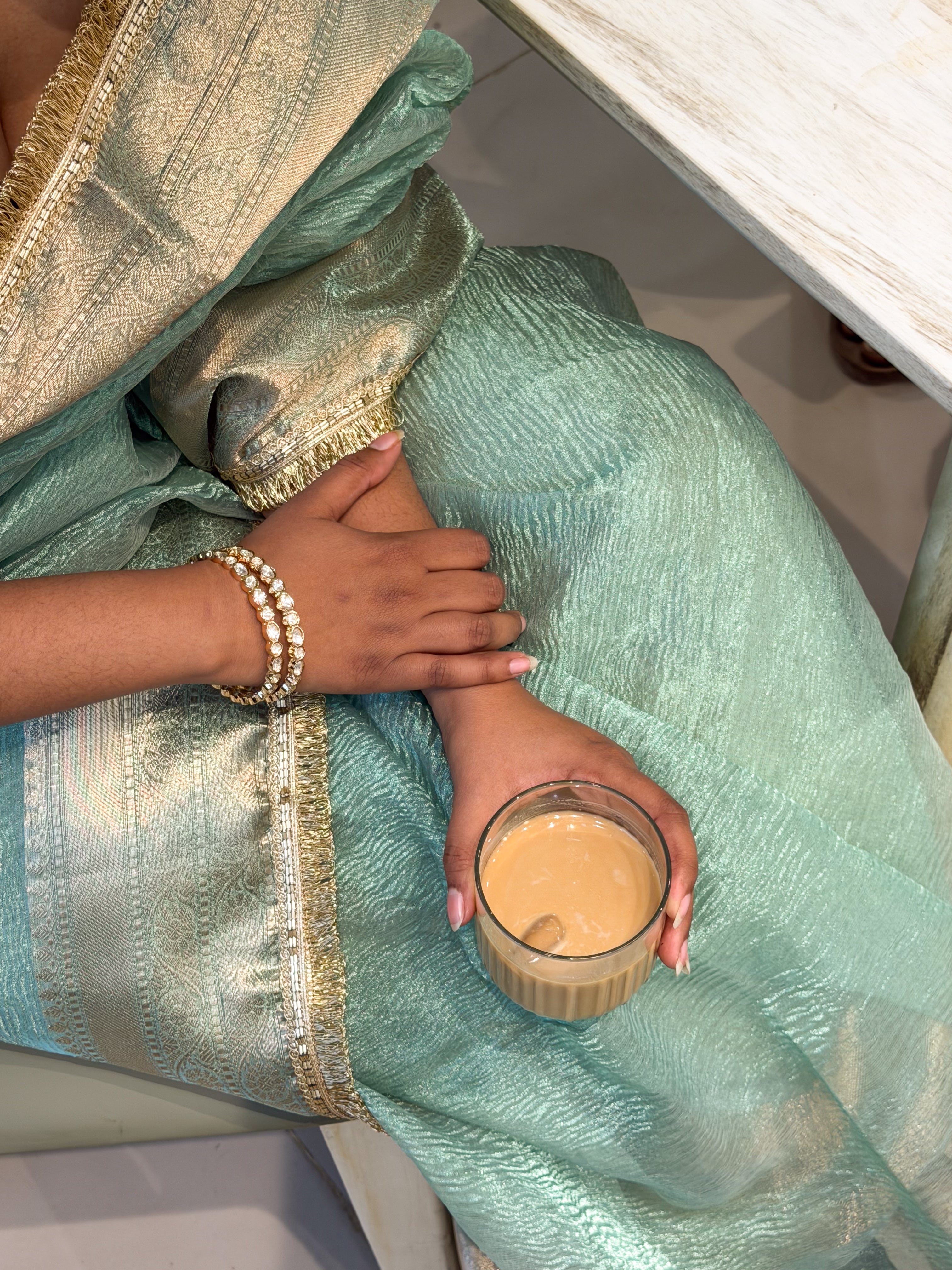 Mint Green Tissue Banarsi Saree with zari border | Mint Green