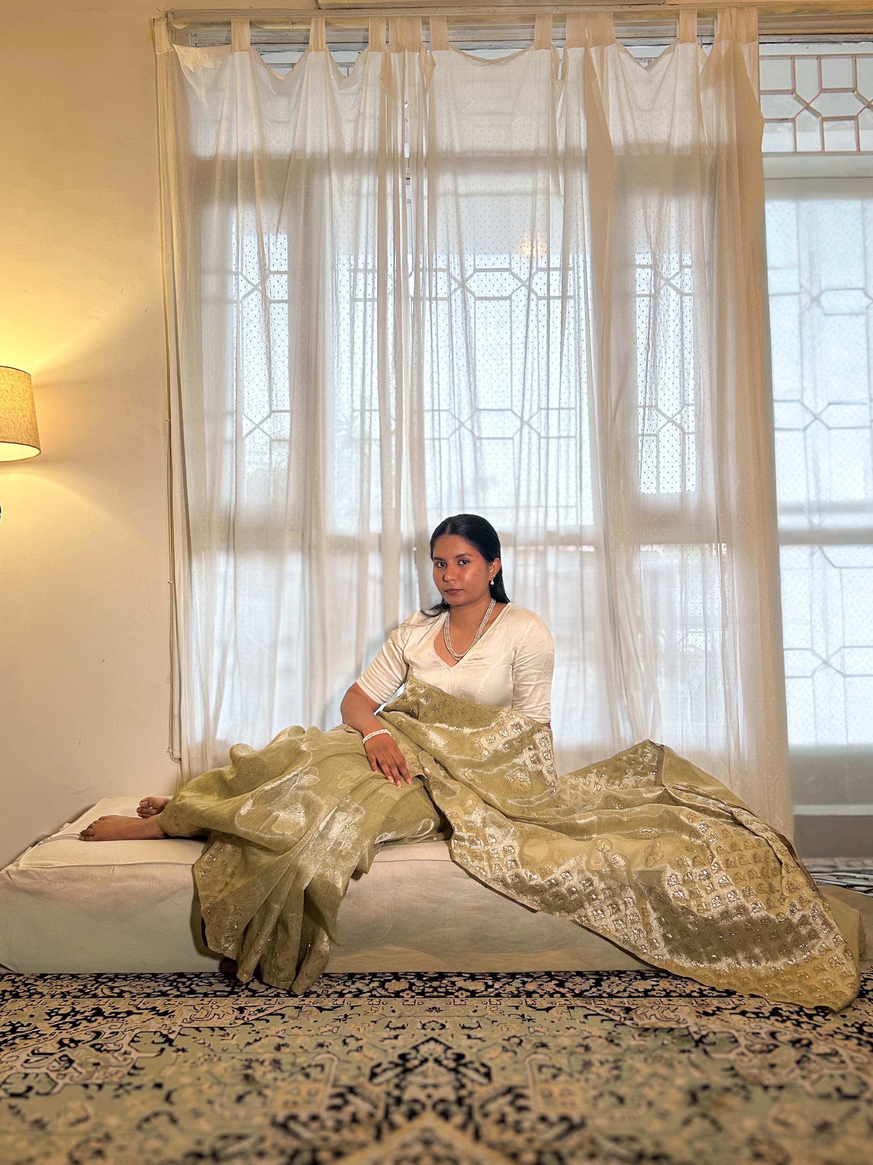 Sage Green Tissue Banarsi Saree with zari border | Sage Green | Wedding collection