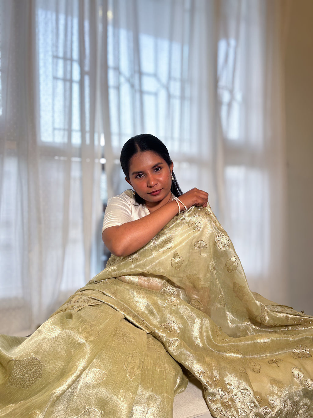 Sage Green Tissue Banarsi Saree with zari border | Sage Green | Wedding collection