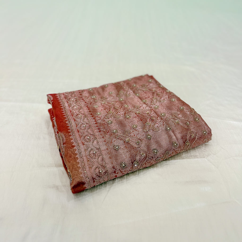 Pure Rupa Tissue Silk Banarsi Saree | Brick Red | Wedding Collection