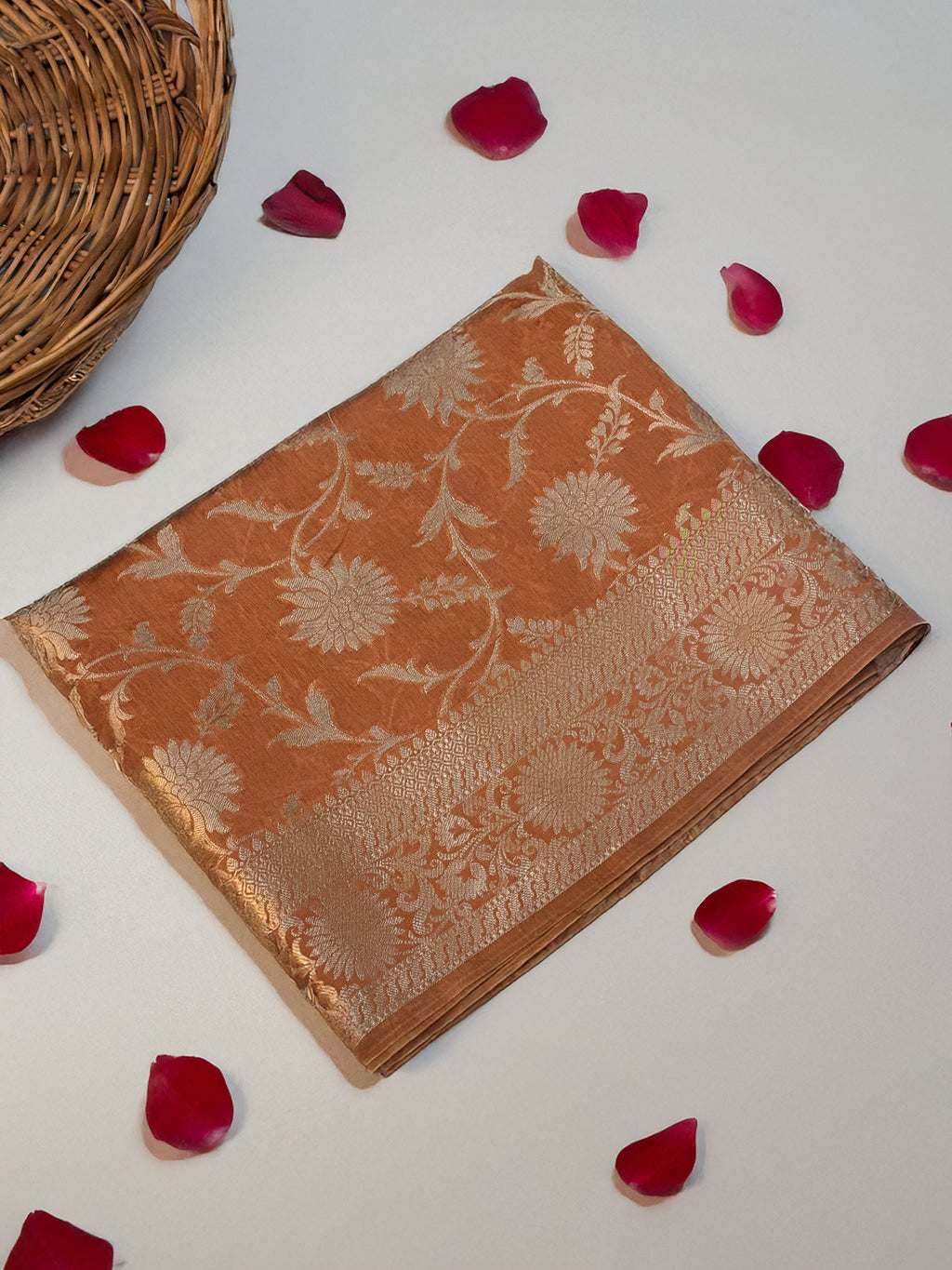 Pure Raw Mango Silk Handloom Banarsi Saree | Rust Orange