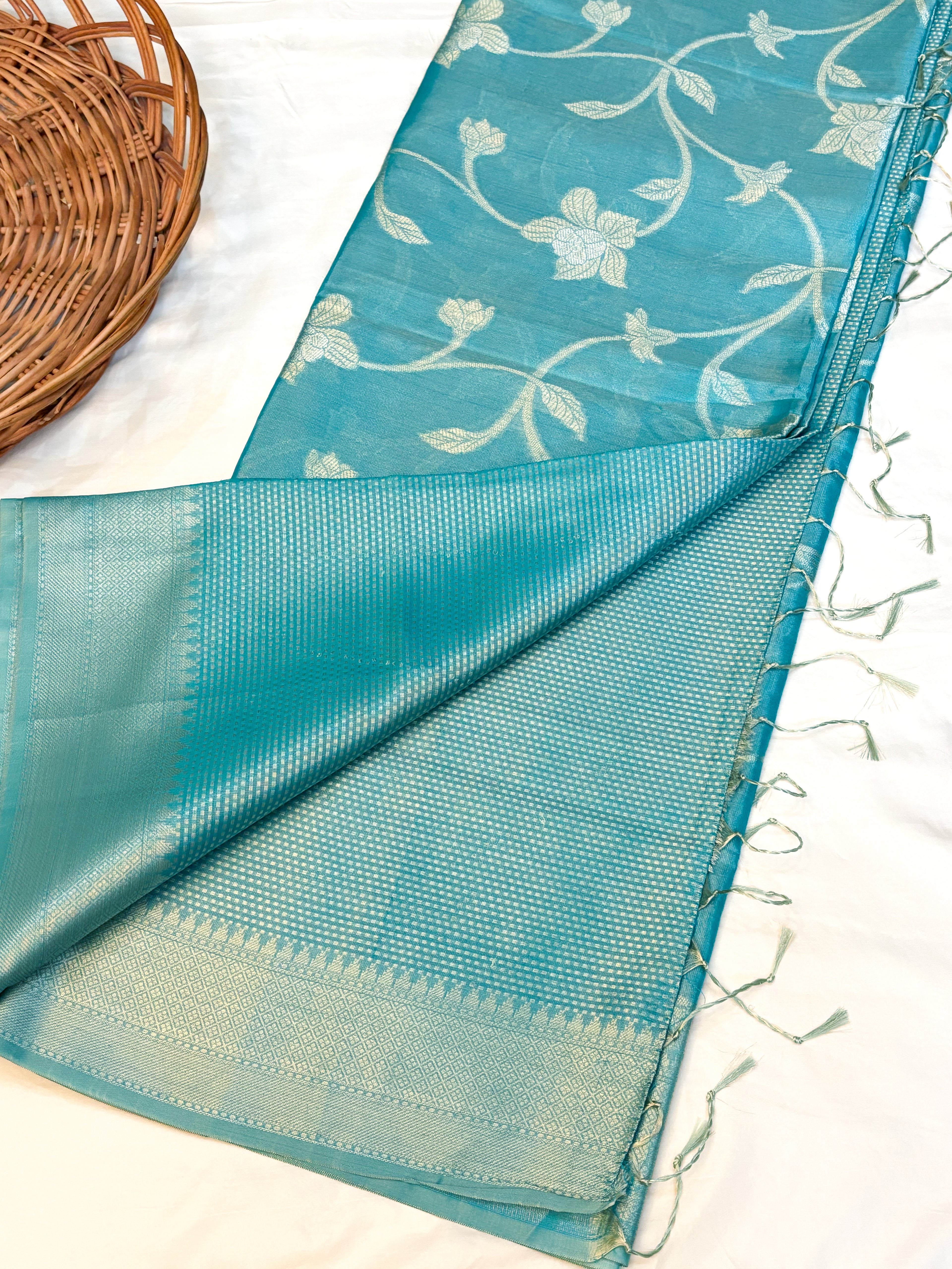 MulMul Tissue Banarsi Saree | Firozi