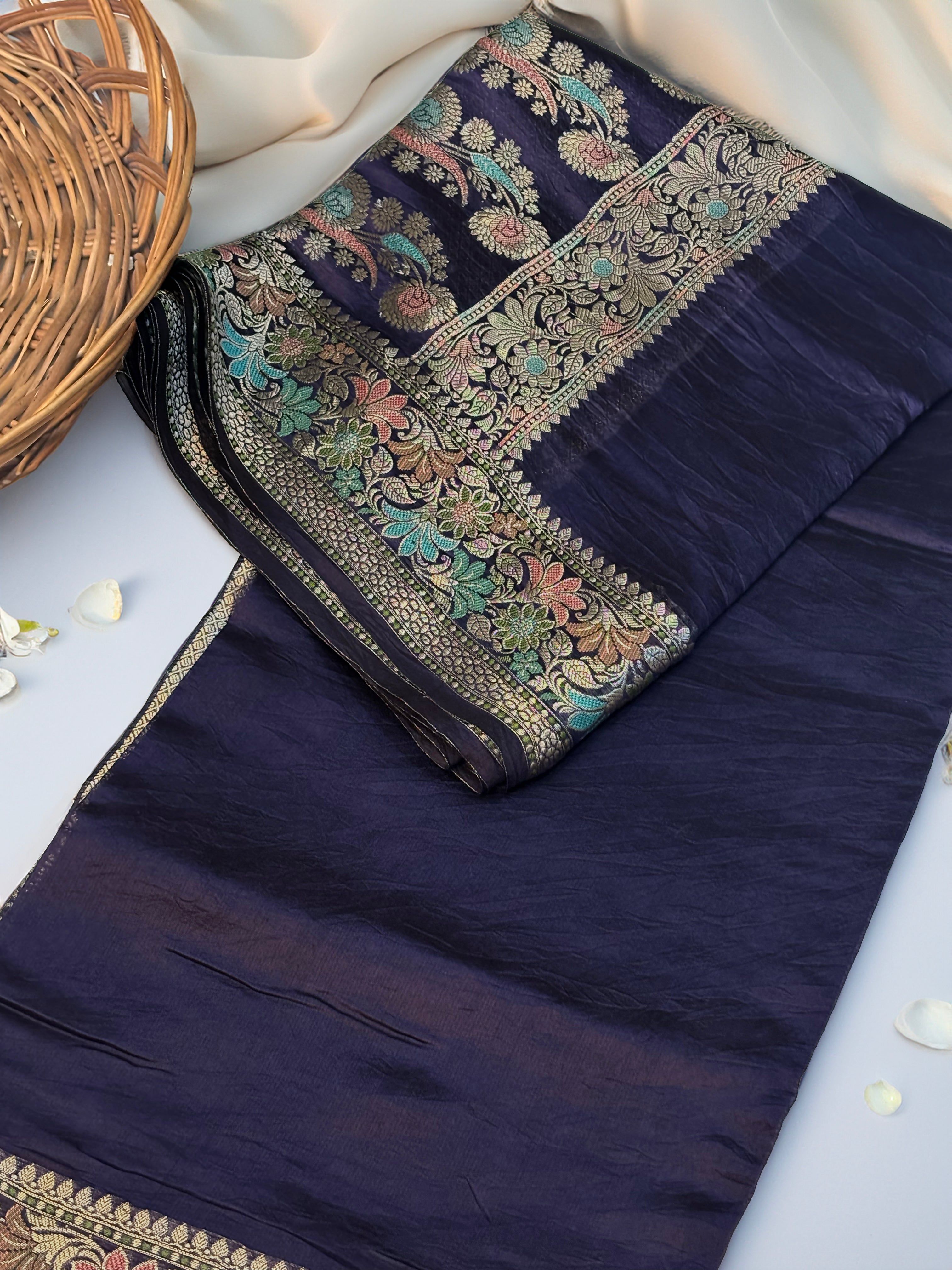 Pure Dupion Silk Banarsi Saree | Aubergine