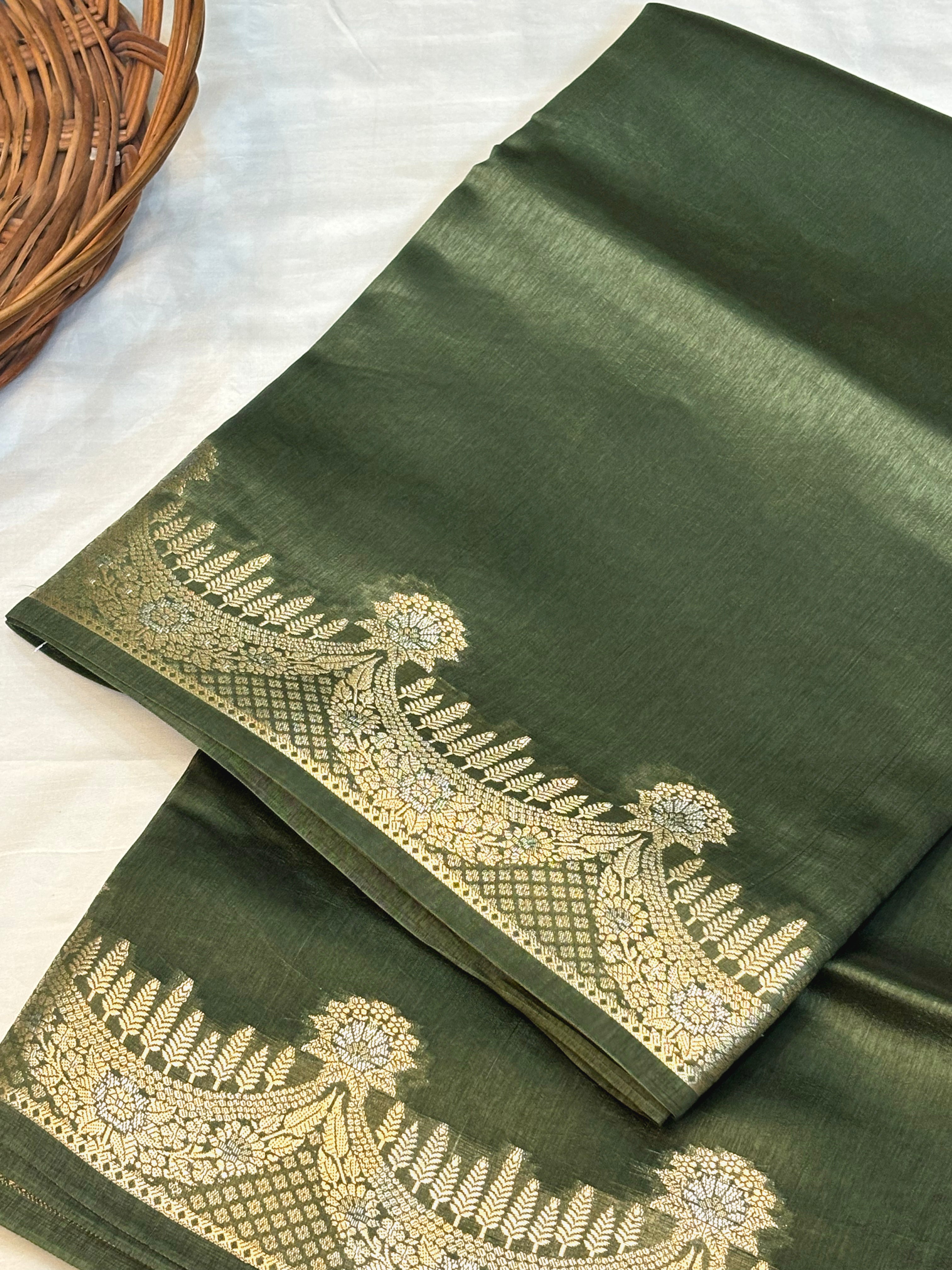 Pure Raw Mango Silk Handloom Banarsi Saree | Deep Forest Green