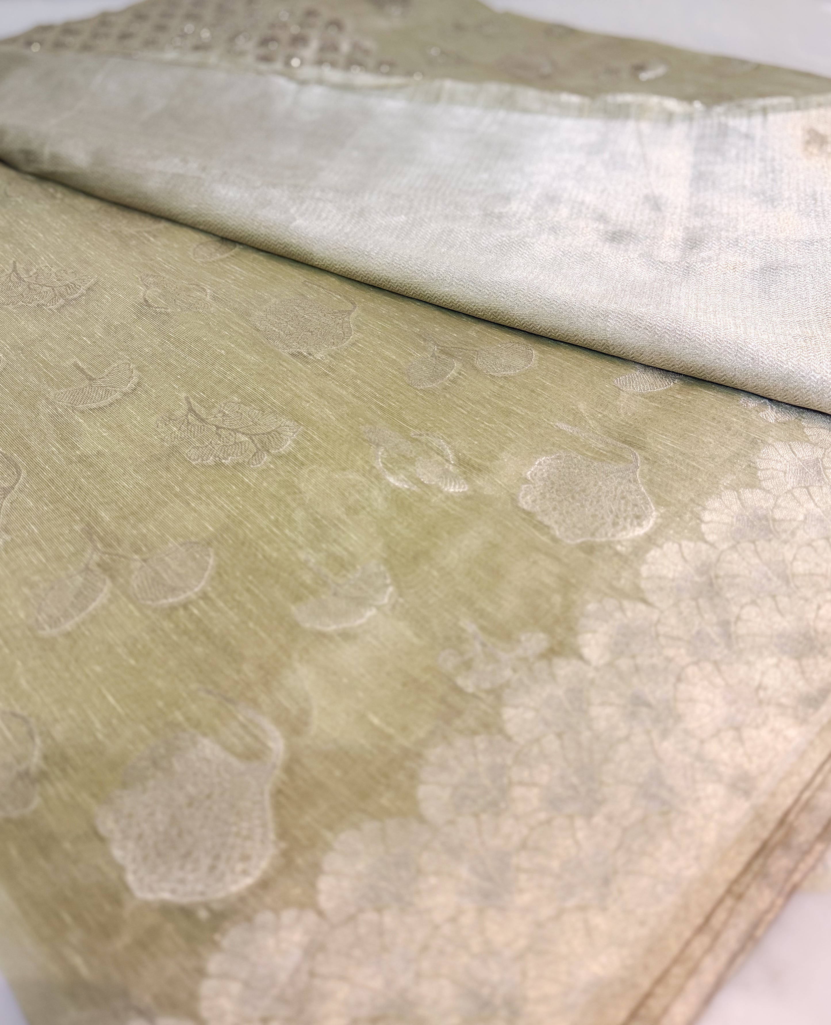 Sage Green Tissue Banarsi Saree with zari border | Sage Green | Wedding collection