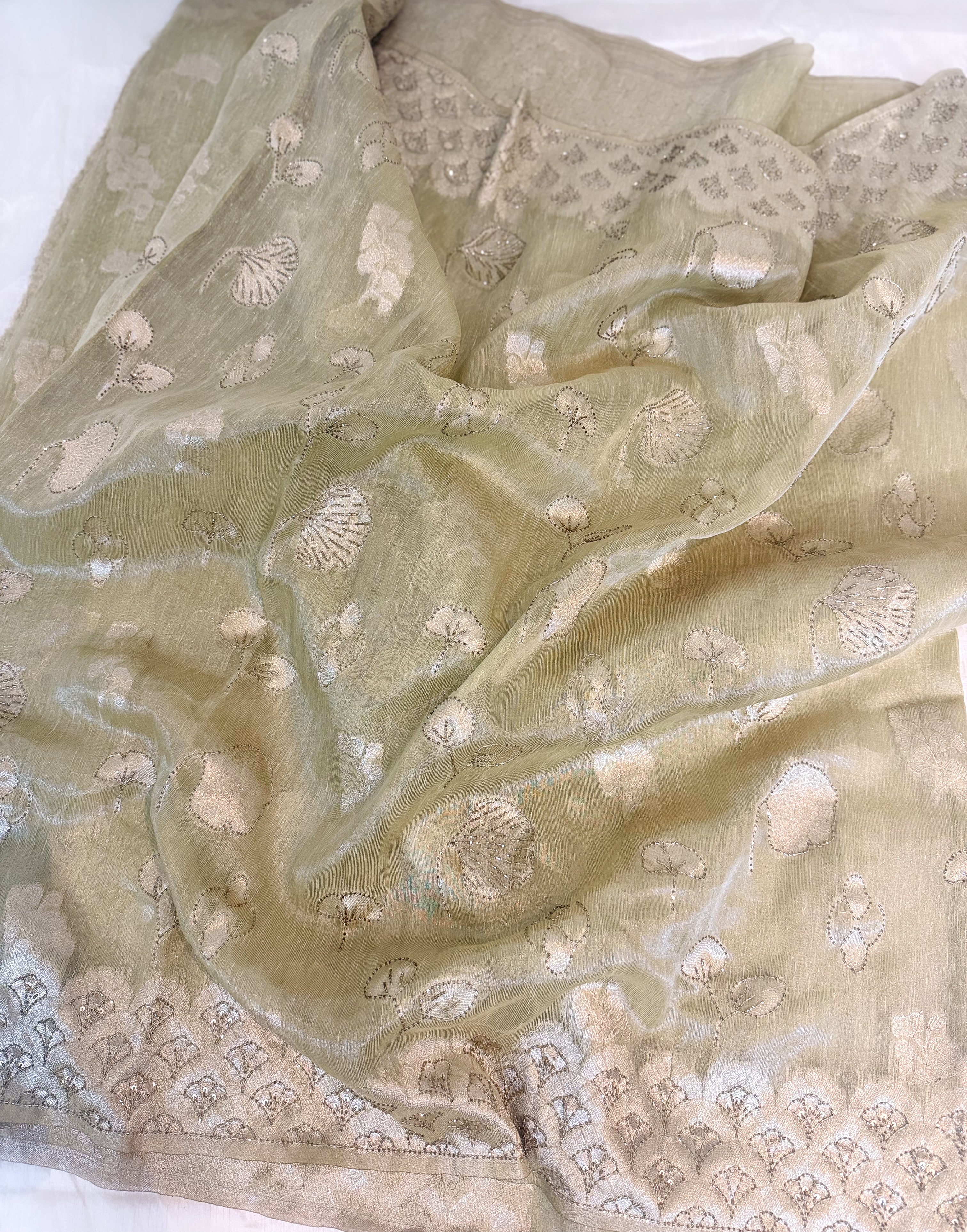 Sage Green Tissue Banarsi Saree with zari border | Sage Green | Wedding collection